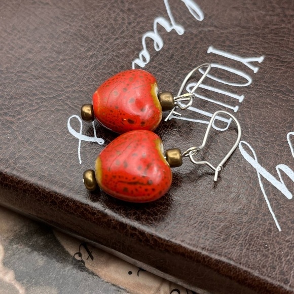 Ceramic Red Heart Spotted Dangle Stainless Steel Earrings - Picture 1 of 5